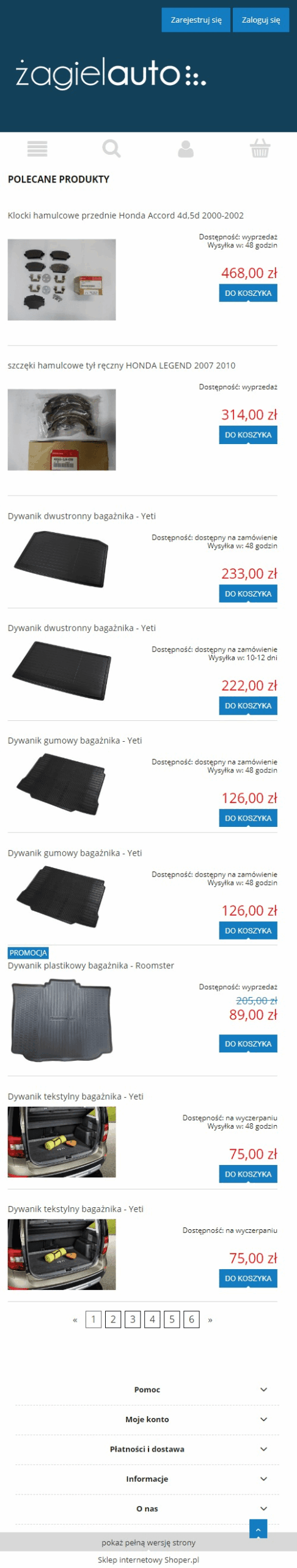 Sklep internetowy czesci.zagielauto.pl - zrzut mobile