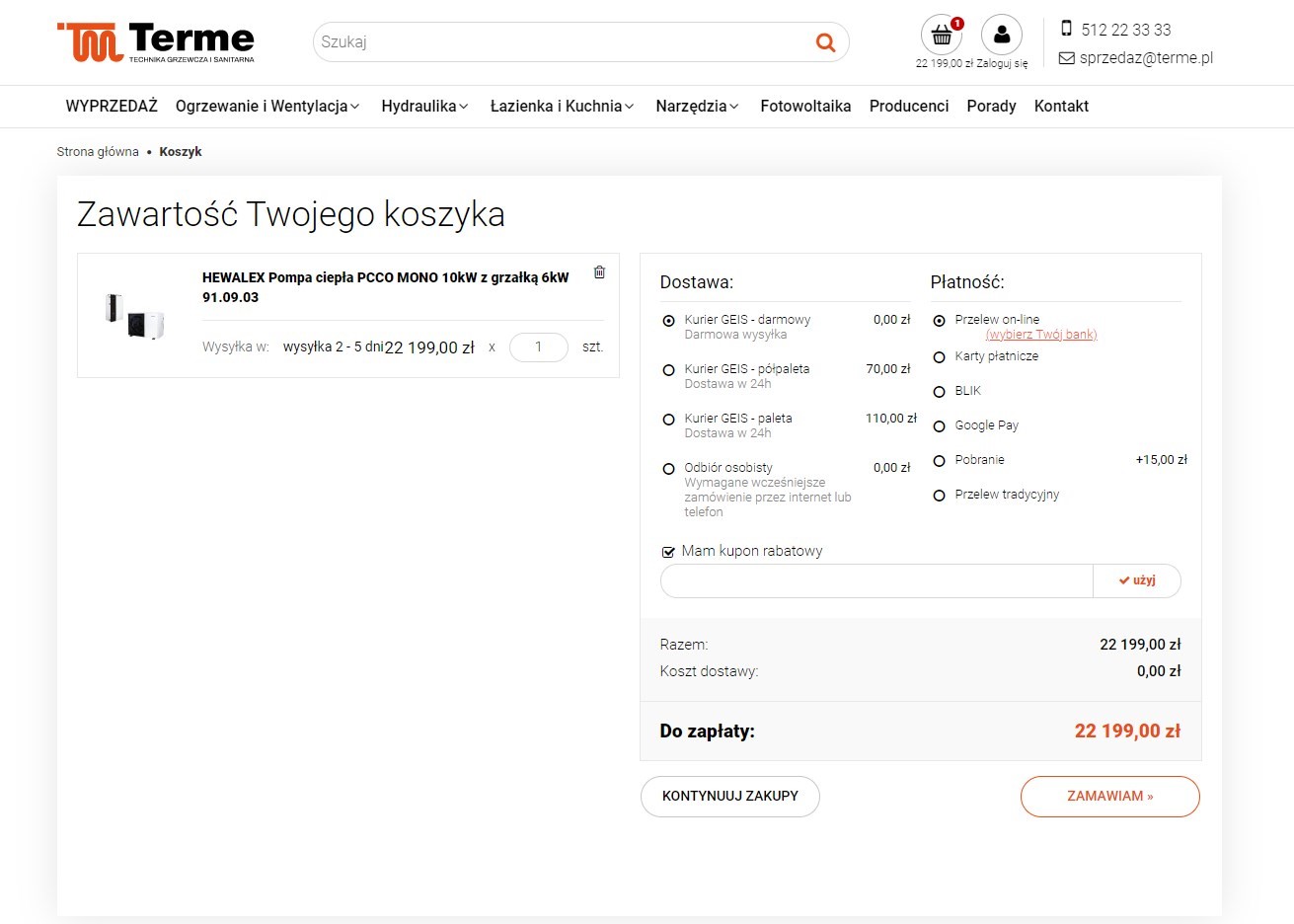 Przykład prawidłowo wdrożonego koszyka w sklepie internetowym Terme.pl - zrealizowanym przez agencję interaktywną emedia