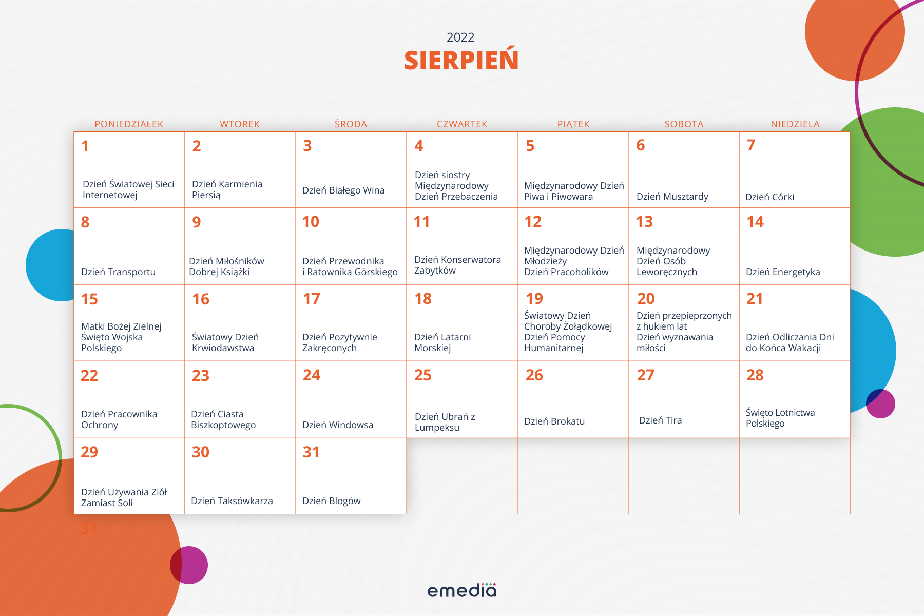 Kartka Z Kalendarza Sierpien 1