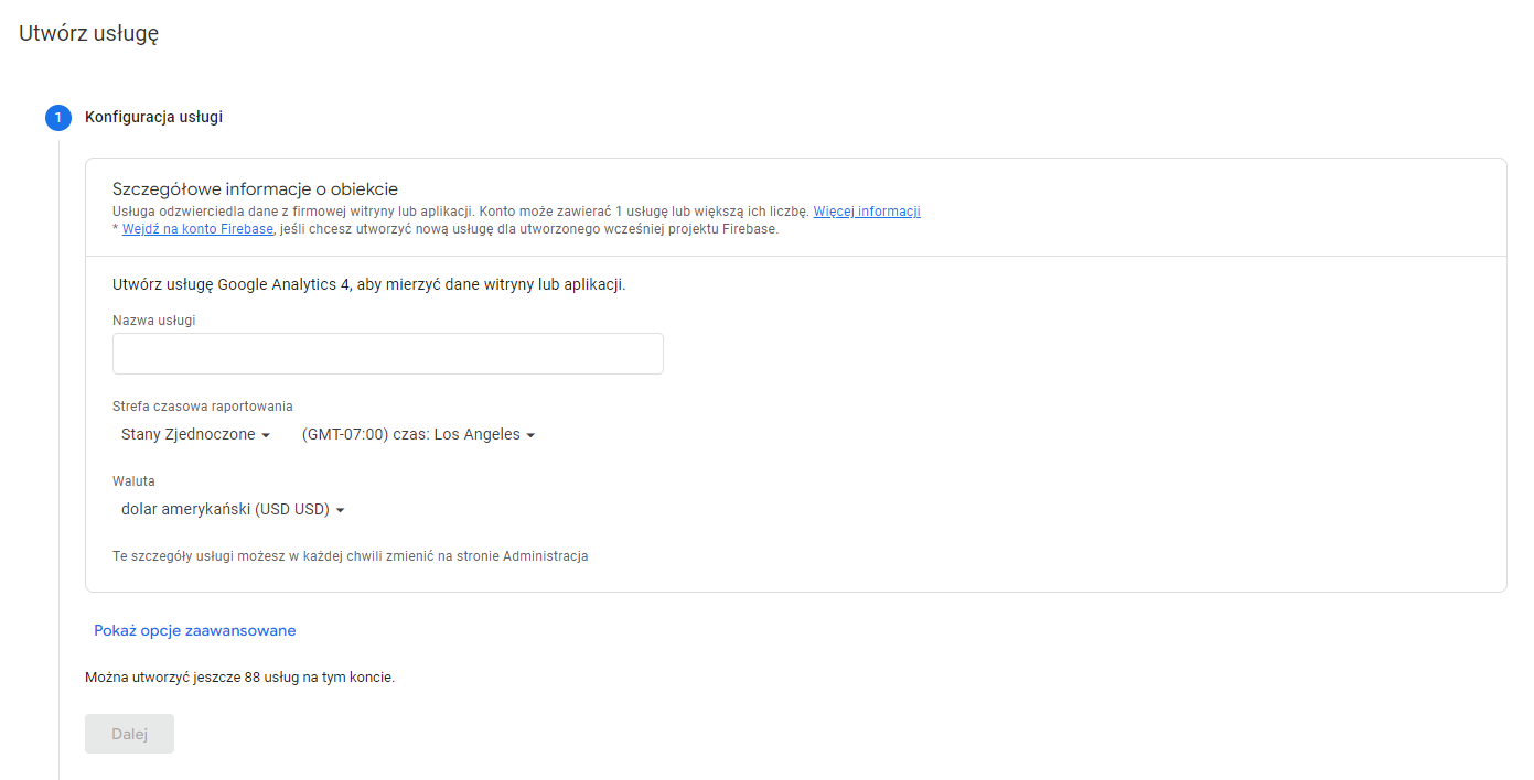 Podgląd tworzenia usługi GA4 - implementacja google analytics 4