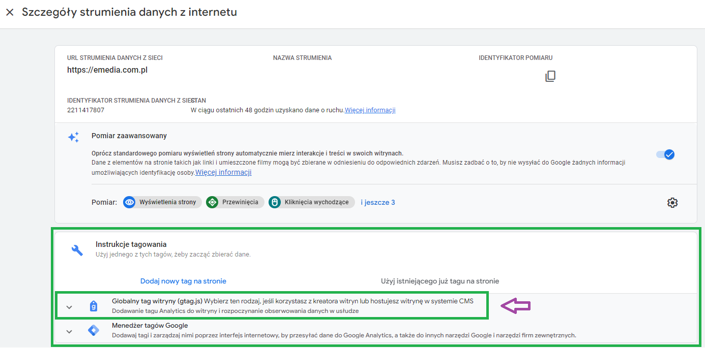 Strumien Danych Witryny dla implementacji google analytics 4