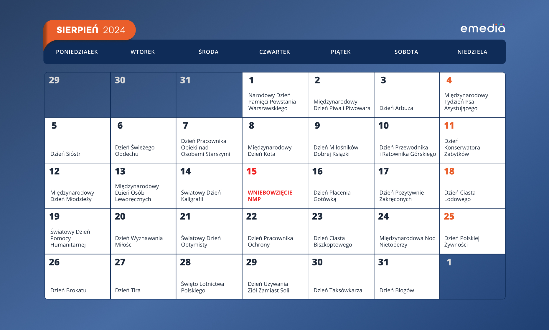 Kalendarz Nowy Sierpien