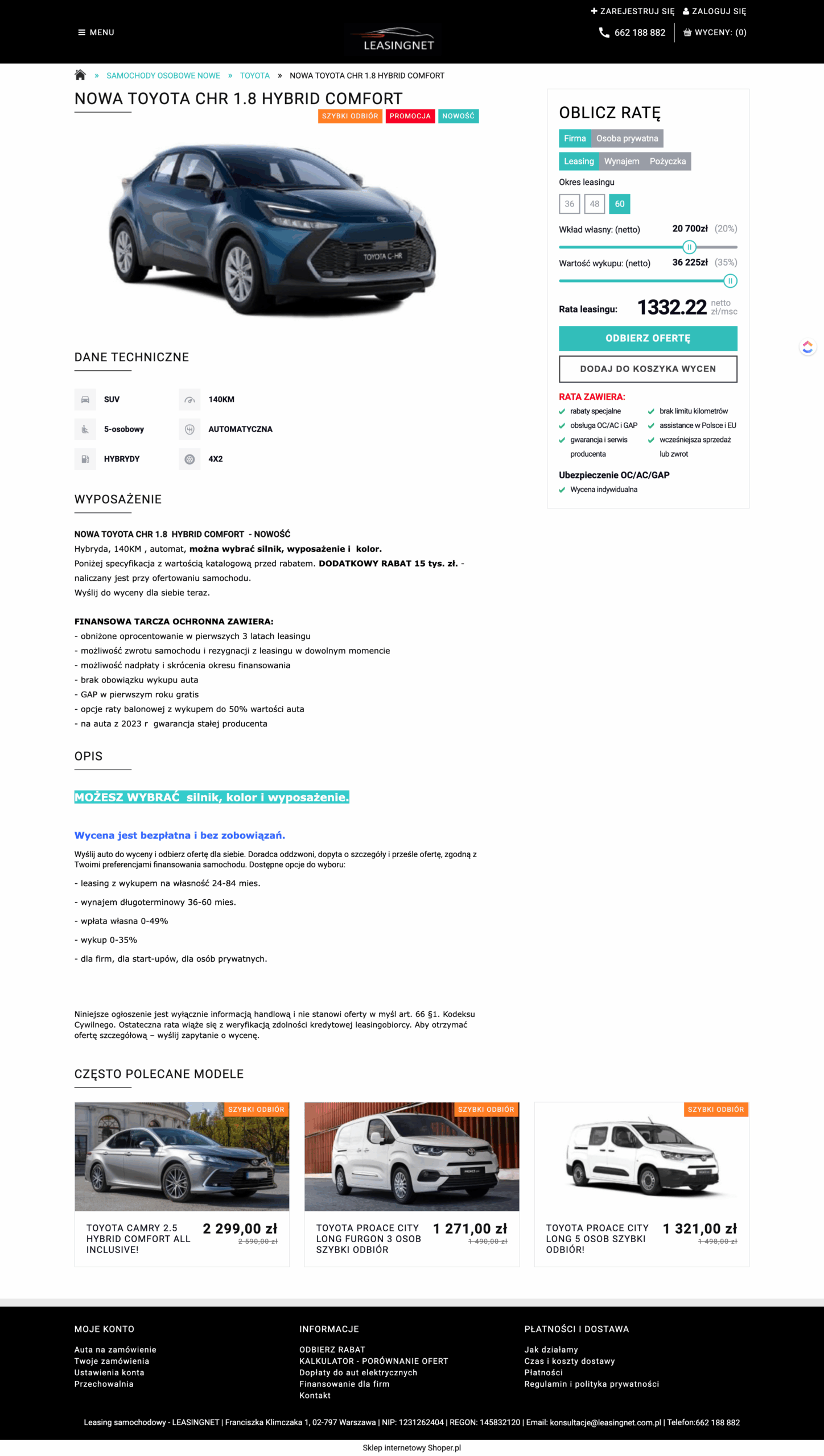 Leasingnet – kalkulator wyliczający cenę leasingu - zrzut desktop