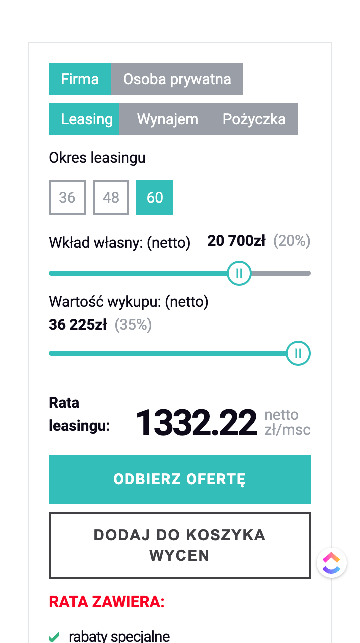 Leasingnet – kalkulator wyliczający cenę leasingu - zrzut mobile