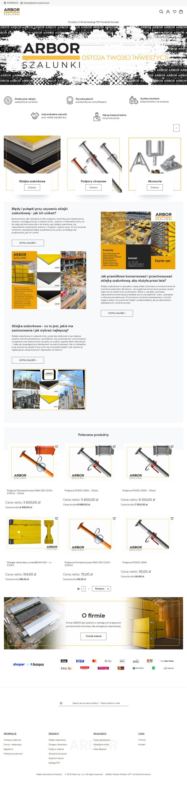 Arbor Szalunki – sklep z artykułami budowalanymi - zrzut desktop