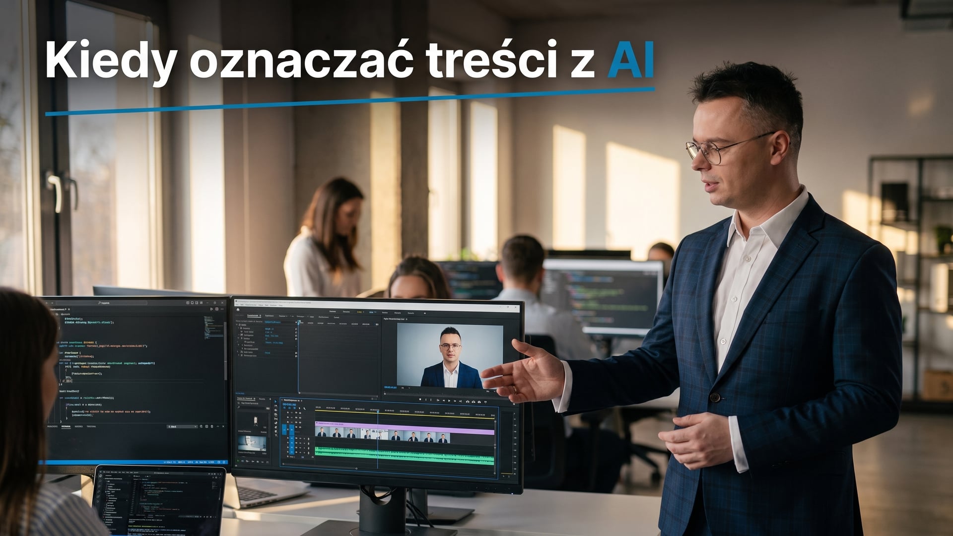 Grzegorz Wysocki przy montażu wideo z awatarem AI na ekranie