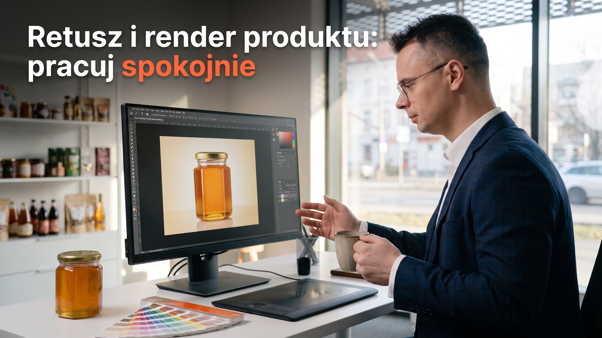 Grzegorz Wysocki przy renderze słoika miodu obok prawdziwych słoików
