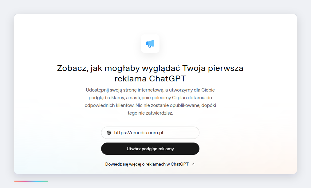 Ekran startowy Menedżera reklam OpenAI z polem na adres strony