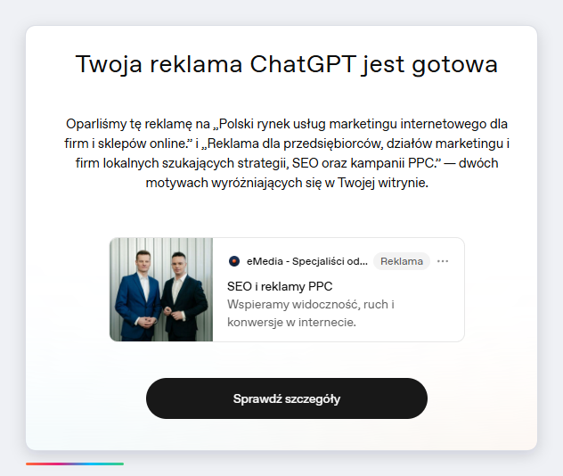 Podgląd gotowej reklamy ChatGPT z logo, nagłówkiem i opisem