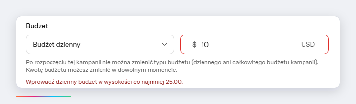 Komunikat o minimalnym budżecie dziennym w Menedżerze reklam