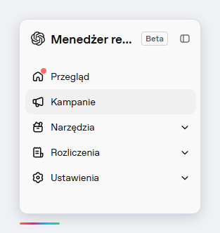 Menu boczne Menedżera reklam OpenAI