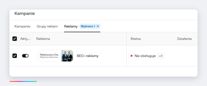 Lista reklam ze statusem w panelu OpenAI