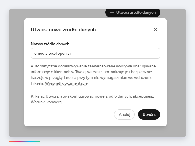 Tworzenie nowego źródła danych w Menedżerze reklam OpenAI