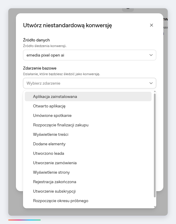 Lista zdarzeń konwersji po polsku w Menedżerze reklam