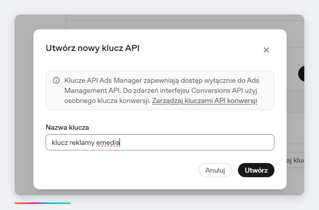 Tworzenie klucza API w ustawieniach Menedżera reklam