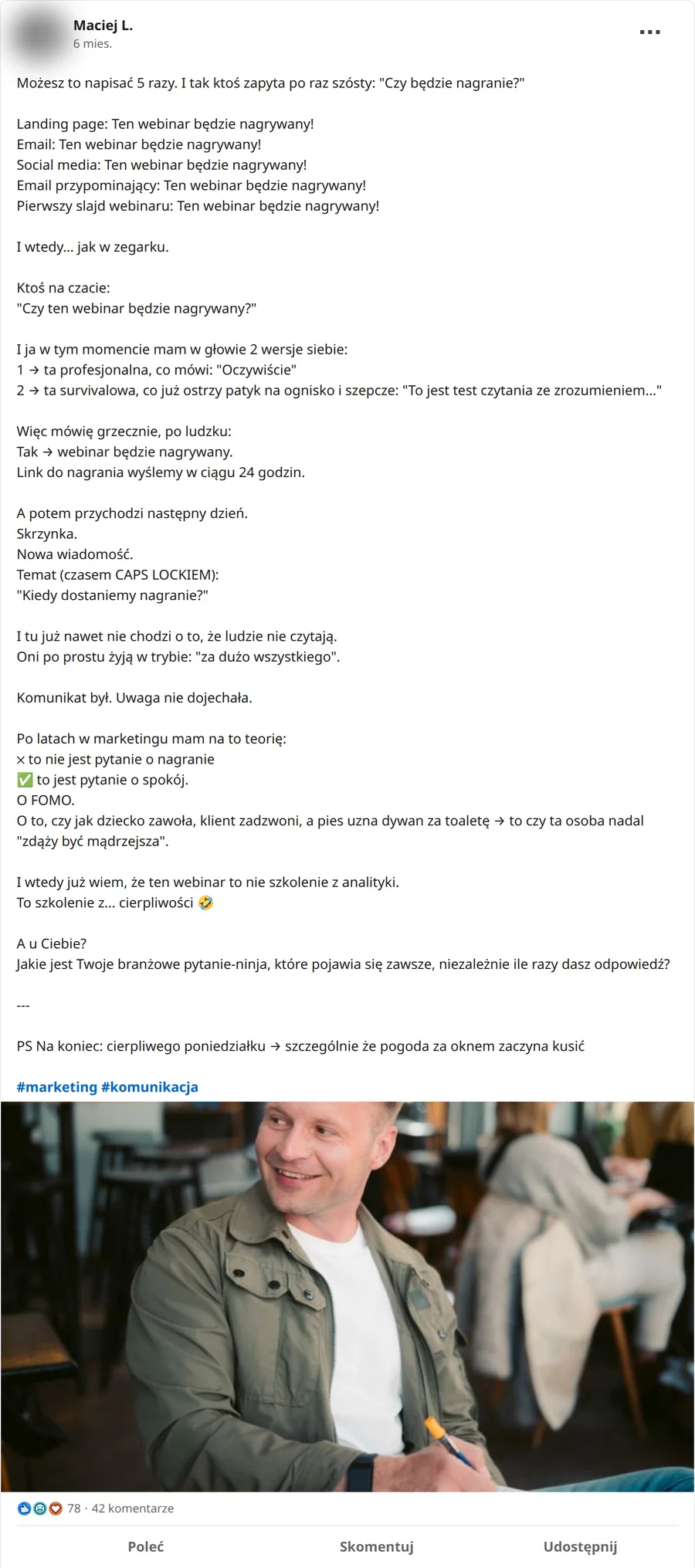 Zrzut posta Maciej L. z 02.03.2026, 78 reakcji i 42 komentarze
