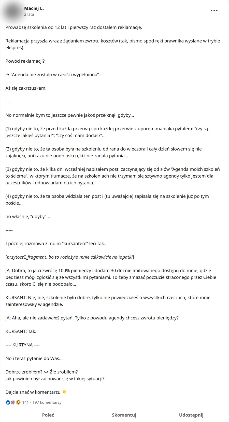 Zrzut posta Maciej L. z 24.05.2024, 141 reakcji i 197 komentarzy