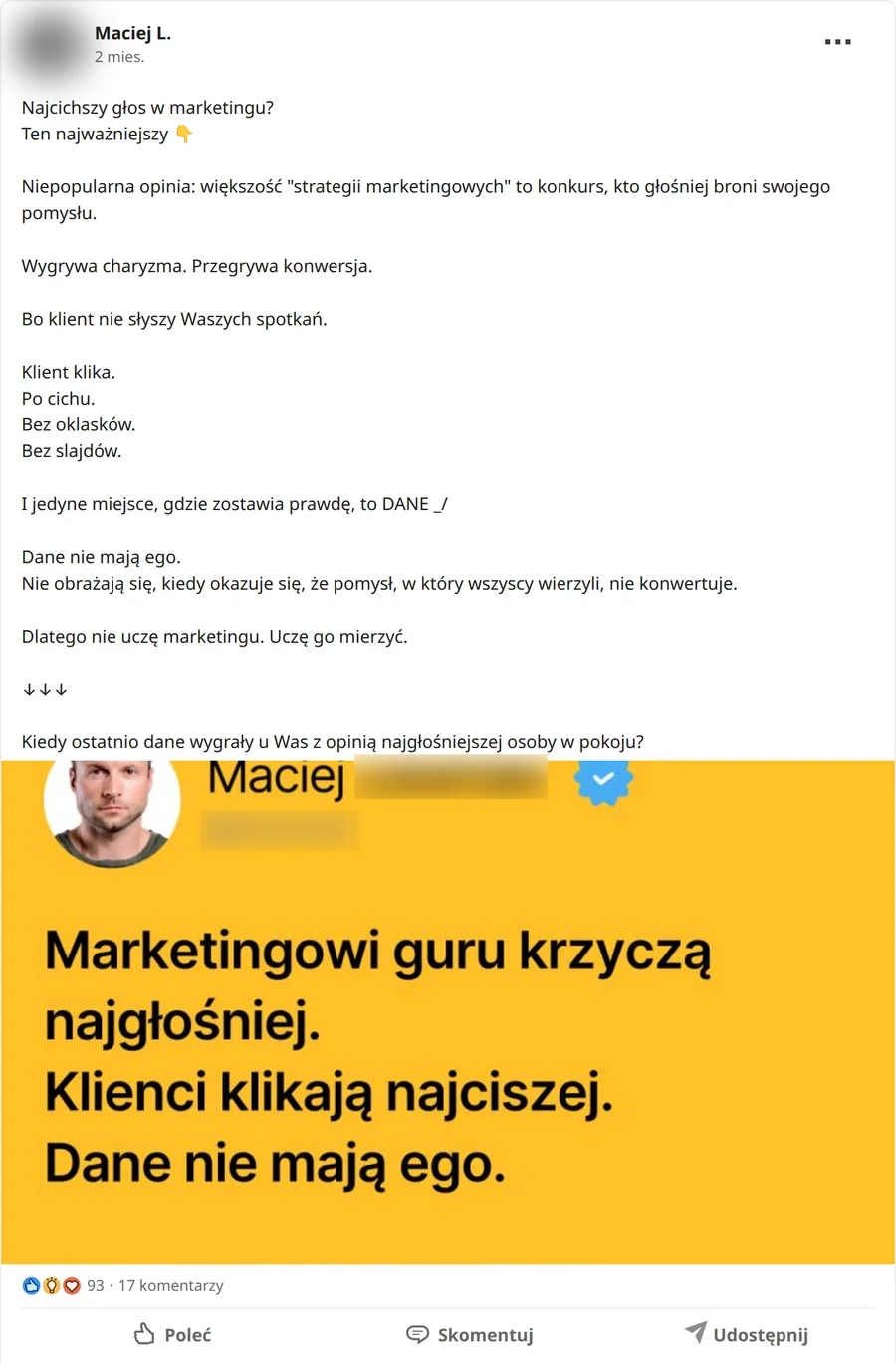Zrzut posta Maciej L. z 10.07.2026, 93 reakcje i 17 komentarzy