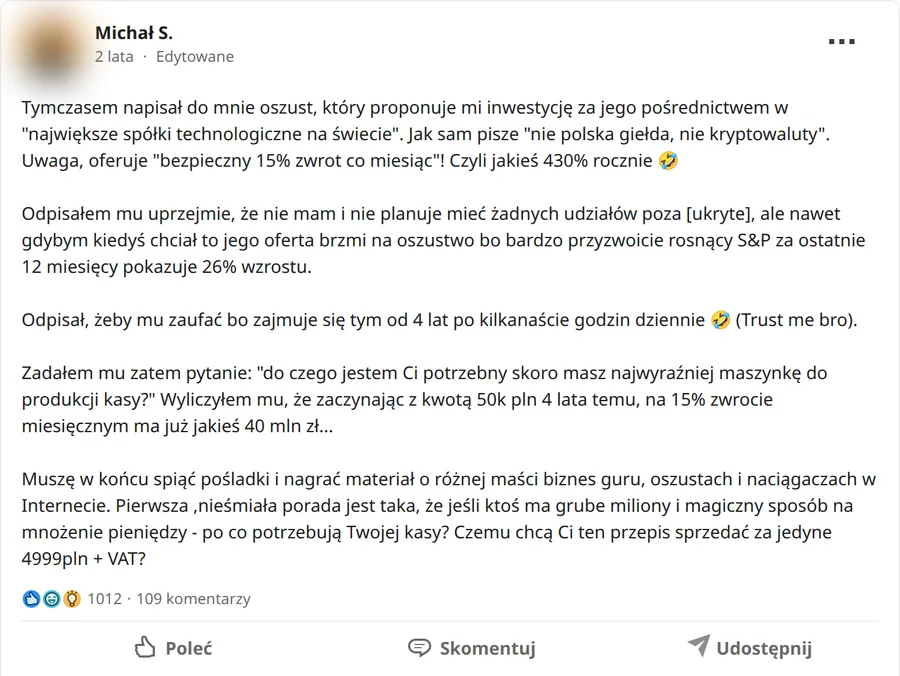 Zrzut posta Michał S. z 09.01.2024, 1012 reakcji i 109 komentarzy