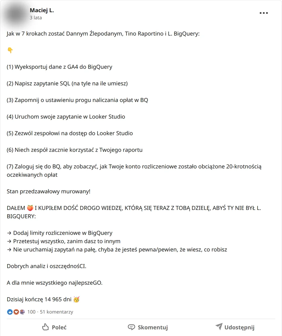 Zrzut posta Maciej L. z 10.05.2023, 100 reakcji i 51 komentarzy