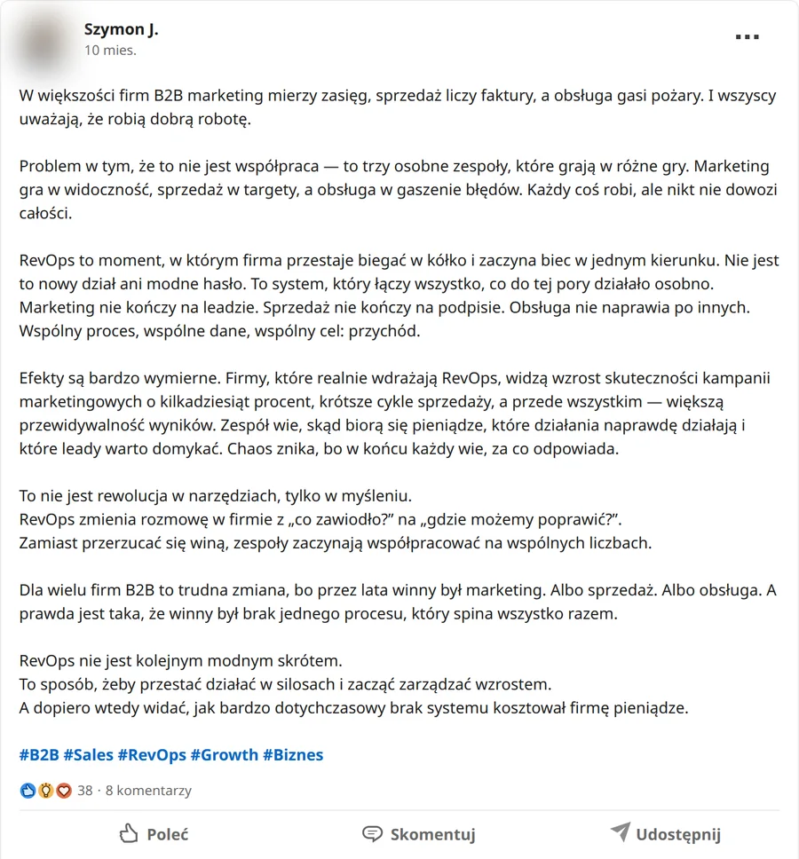 Zrzut posta Szymon J. z 12.11.2025, 38 reakcji i 8 komentarzy