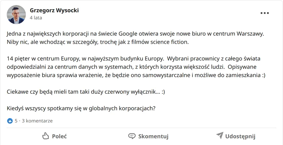 Zrzut posta Grzegorz Wysocki z 26.10.2021, 5 reakcji i 3 komentarze