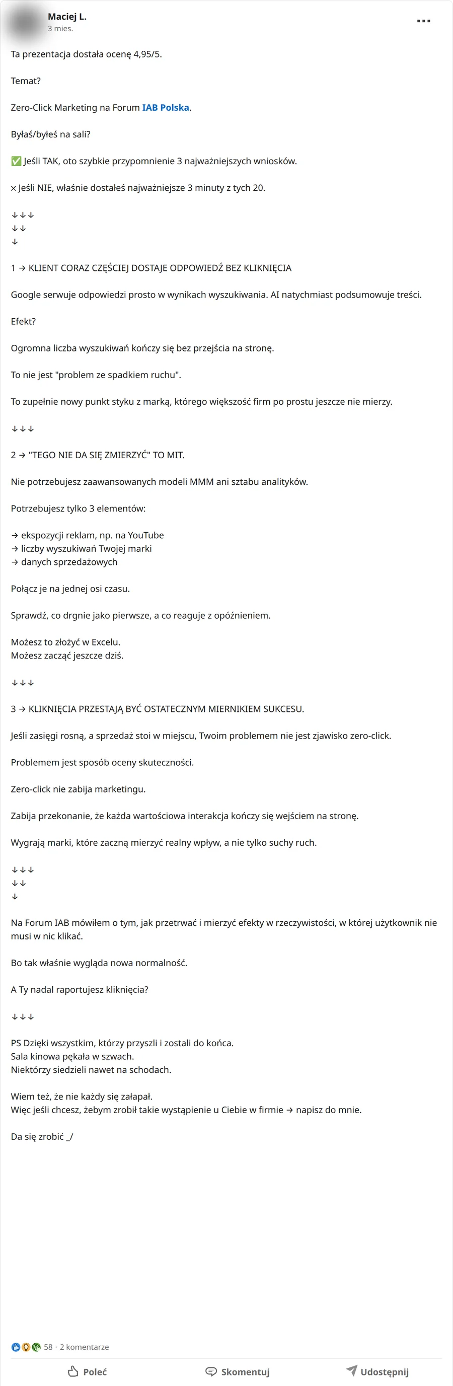 Zrzut posta Maciej L. z 10.06.2026, 58 reakcji i 2 komentarze