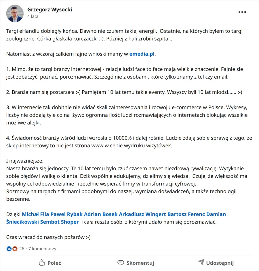 Zrzut posta Grzegorz Wysocki z 21.10.2021, 26 reakcji i 7 komentarzy