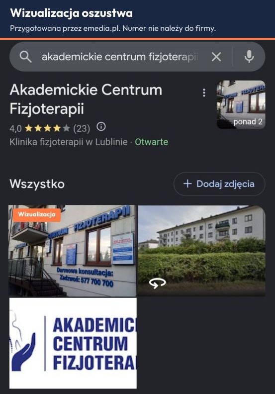Wizualizacja oszustwa: galeria wizytówki Google z przerobionym zdjęciem, na którym dopisano obcy numer telefonu