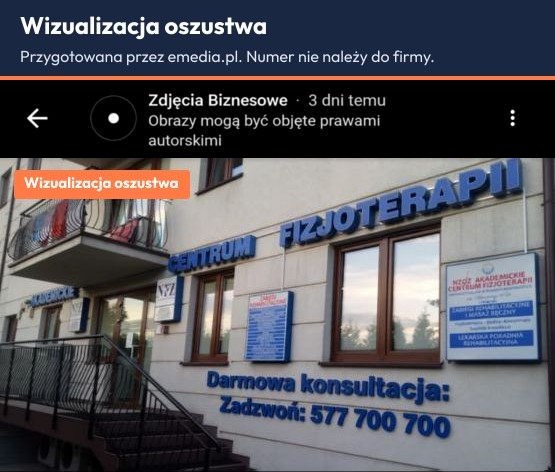 Wizualizacja oszustwa: zdjęcie budynku przychodni z dopisanym napisem Darmowa konsultacja i obcym numerem telefonu
