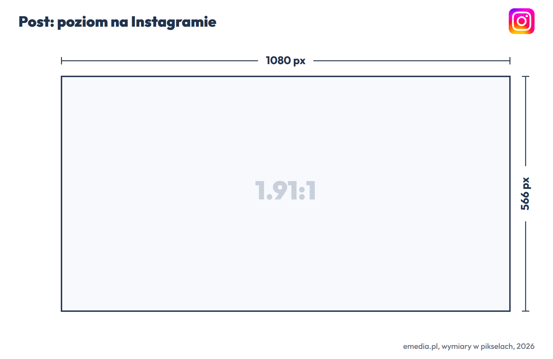Post poziomy na Instagramie: 1080 na 566 px, proporcja 1.91:1, najmniej miejsca w kanale