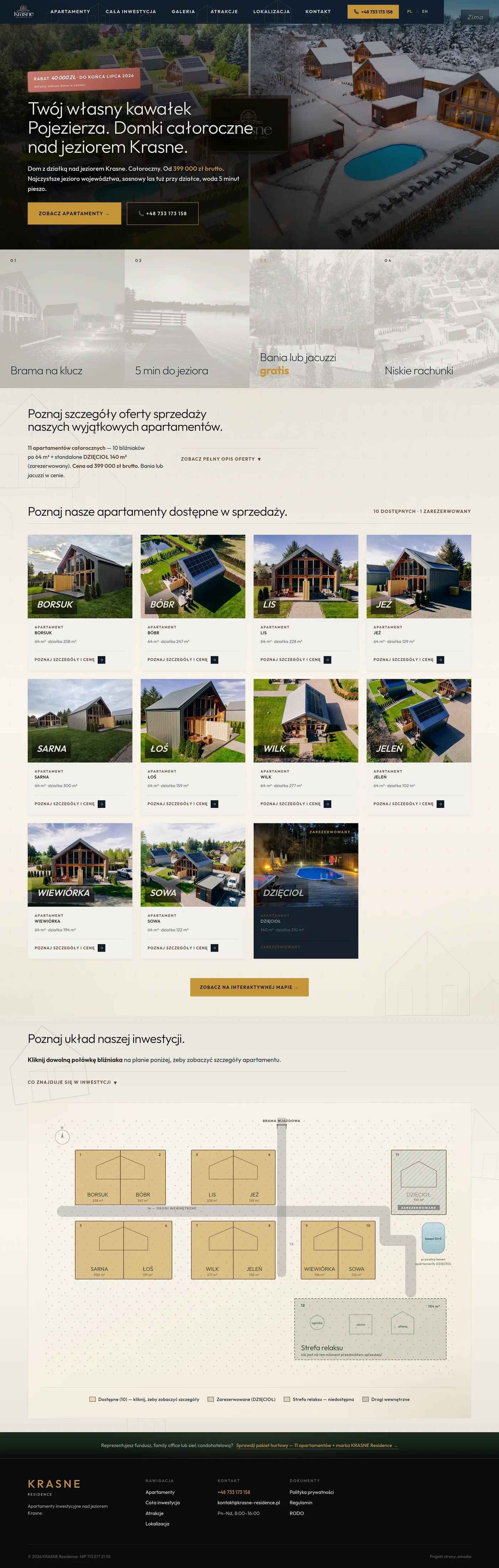 krasne-residence.pl - strona inwestycji apartamentowej nad jeziorem - zrzut desktop