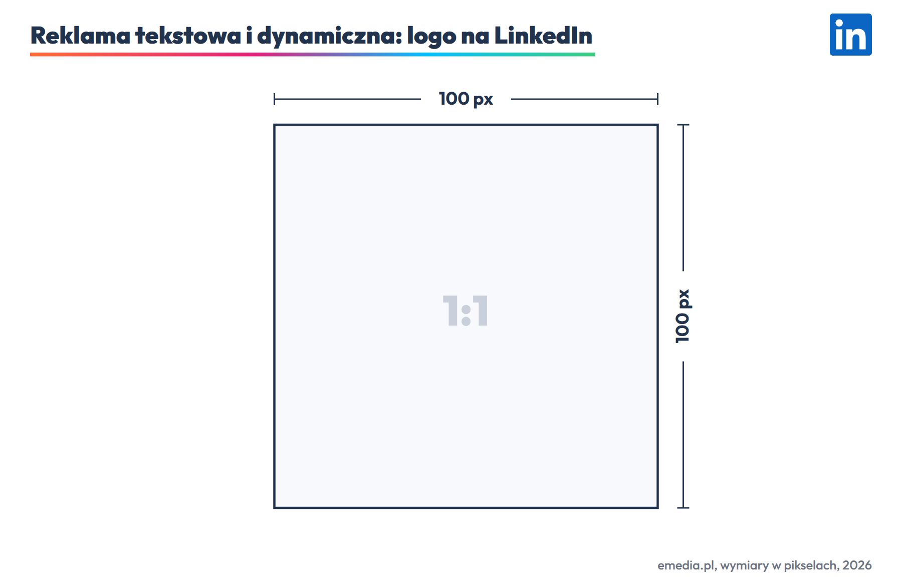 Reklama tekstowa i dynamiczna na LinkedIn: logo 100 na 100 px, bez tekstu na grafice
