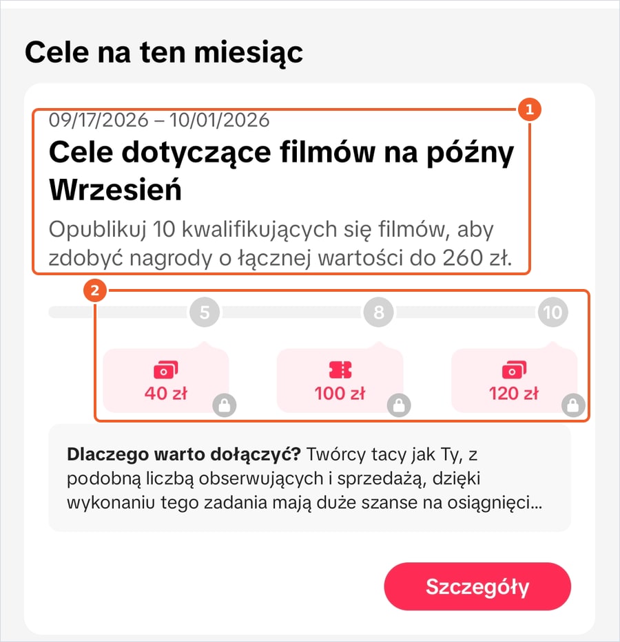 Zakładka Rozwój w TikTok Shop z celem 10 filmów i nagrodami do 260 zł