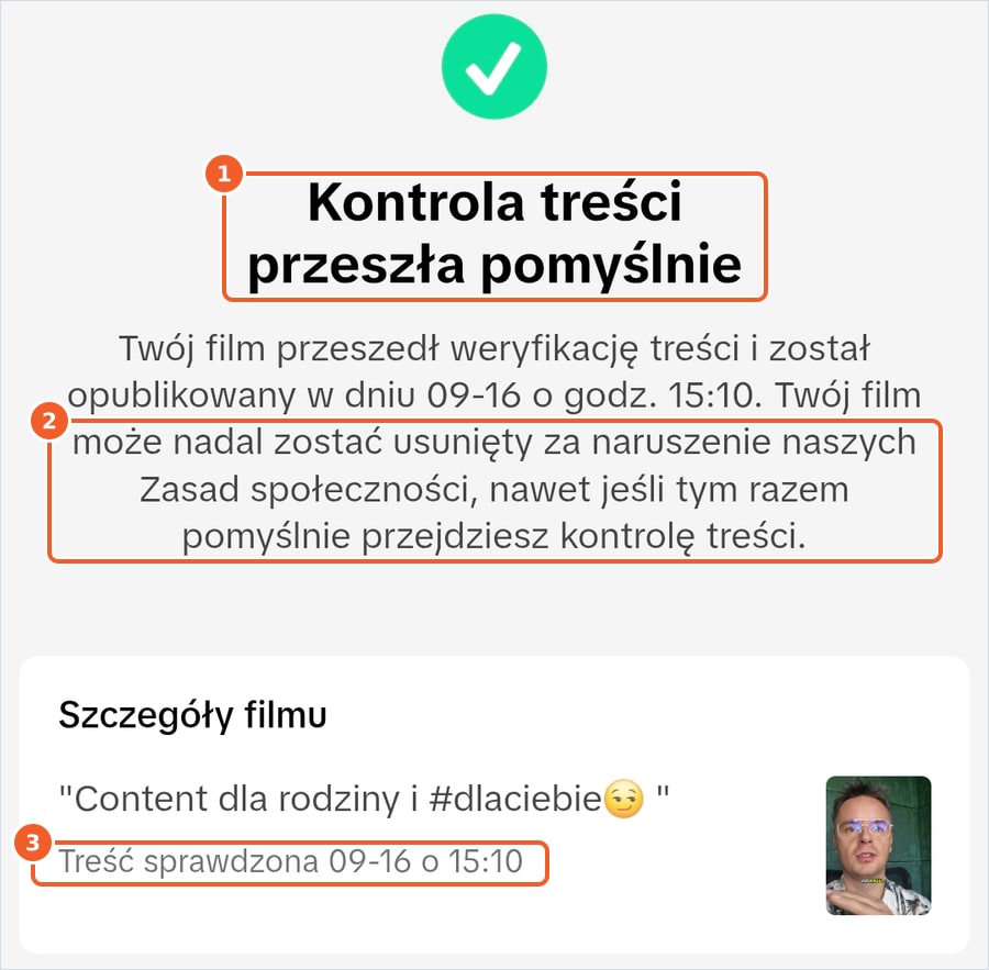 Ekran Kontrola treści przeszła pomyślnie w aplikacji TikTok