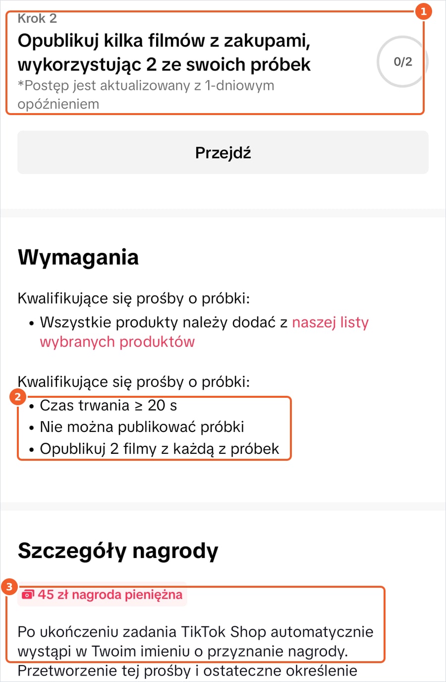 Wymagania zadania z darmowymi próbkami w TikTok Shop