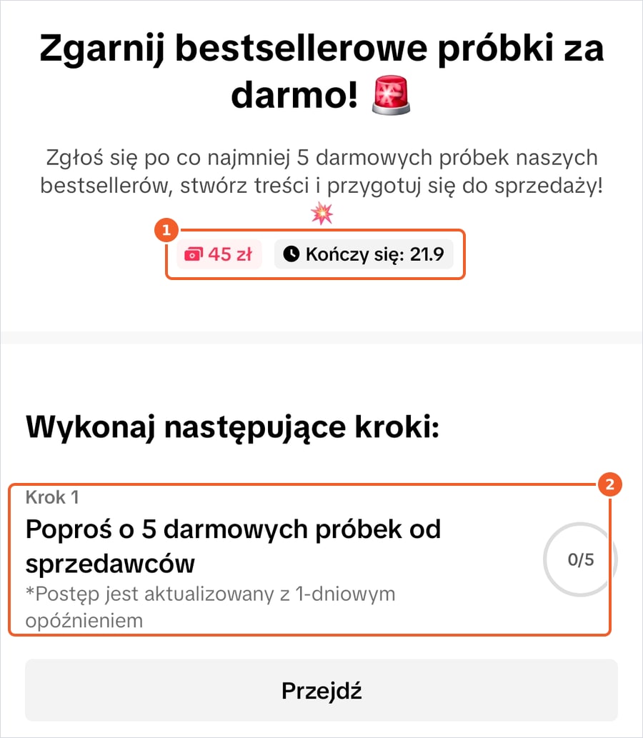 Zadanie Zgarnij bestsellerowe próbki za darmo w aplikacji TikTok