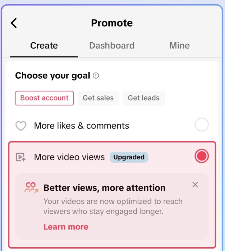 Wybór celu Więcej wyświetleń wideo z plakietką Upgraded w Promocji TikToka