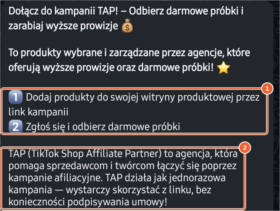 Opis kampanii TAP w kanale TikTok Shop 2026 na WhatsAppie