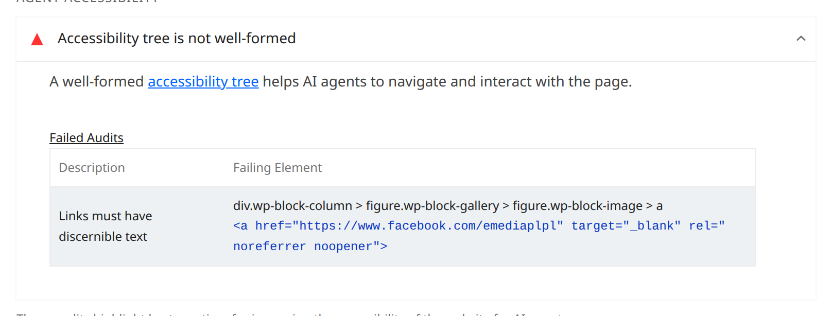 Fragment raportu Lighthouse ze wskazanym elementem, który oblał kontrolę: link do Facebooka bez nazwy
