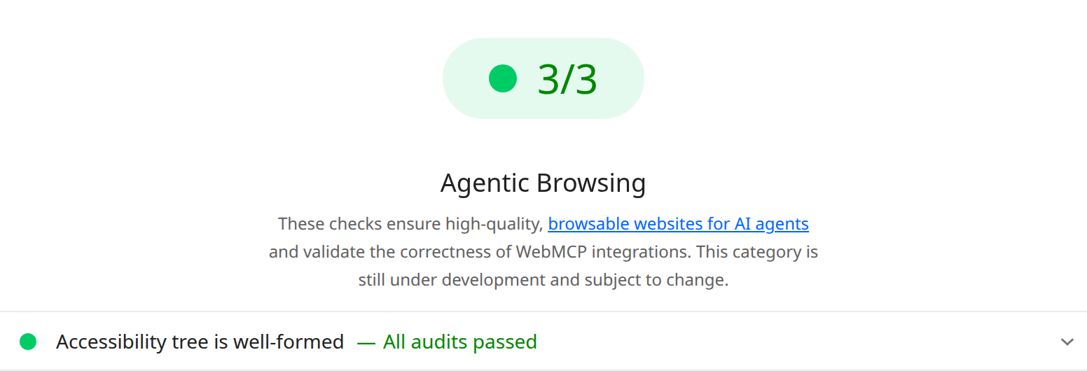 Ten sam fragment raportu Lighthouse po naprawie: kontrola drzewa dostępności zaliczona, komunikat All audits passed
